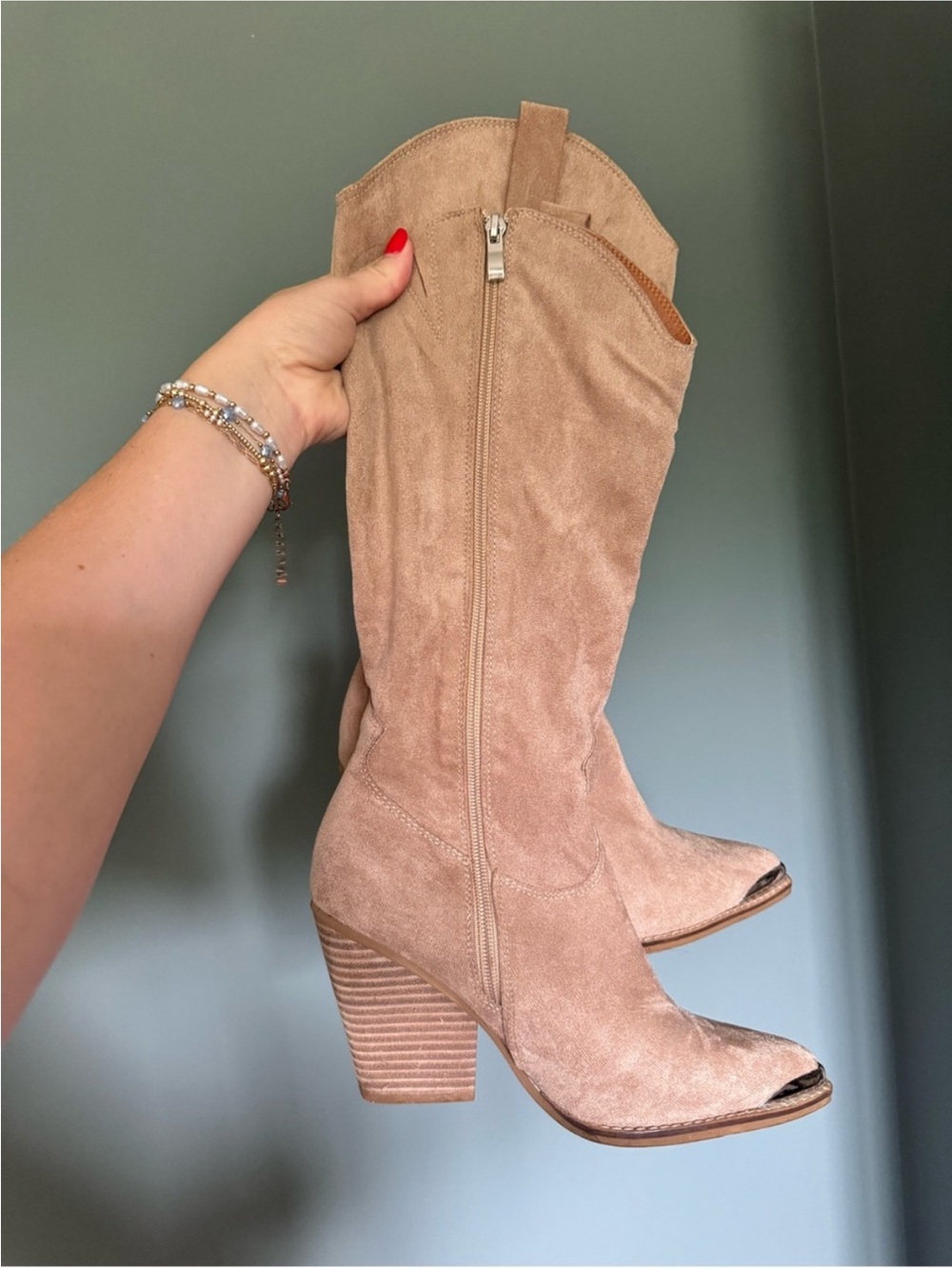 Taupe Suede Mid-Calf Block Heel Boots